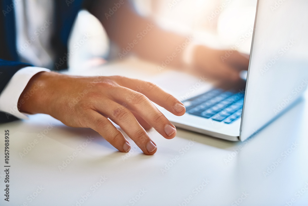 Hand, laptop and business person at table in office for email, sales report and research online. Computer, keyboard and fingers closeup at desk for financial proposal, internet and planning project Hand, laptop and business person at table in office for email, sales report and research online. Computer, keyboard and fingers closeup at desk for financial proposal, internet and planning project