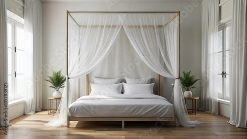 Minimalist bed with white linens and elegant sheer curtains
