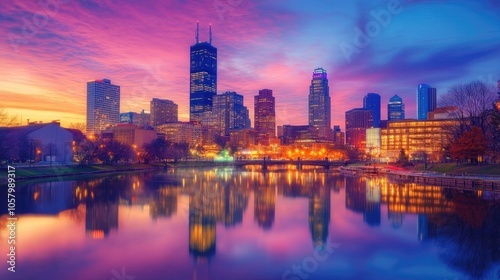 Vibrant city skyline reflecting in a calm river at sunset