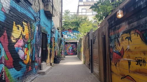 Vibrant graffiti-covered alleyway with local art and creative expressions photo
