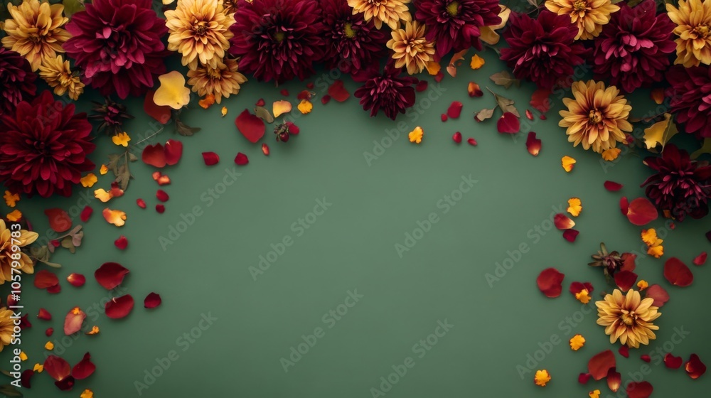 Red and yellow flowers with petals scattered on a green background. The flowers are arranged in a border around the top edge of the image. Red and yellow flowers with petals scattered on a green background. The flowers are arranged in a border around the top edge of the image.