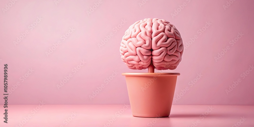 Minimalist brain plant in pot on pink background with soft lighting Minimalist brain plant in pot on pink background with soft lighting