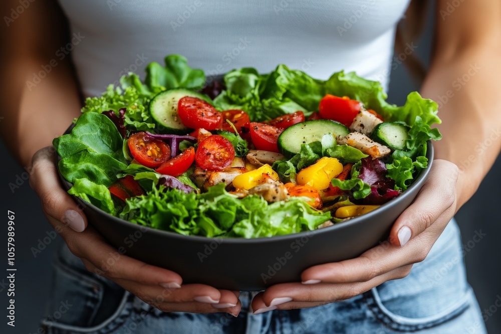 Woman holding fresh salad bowl with greens tomatoes and peppers symbolizing wellness healthy eating and vibrant nutrition in a rustic lifestyle focused composition