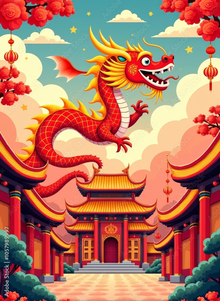 Fototapeta premium Vibrant dragon soaring above traditional temple in colorful asian landscape