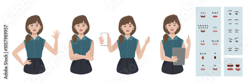 Business office woman constructor suitable for animation. Generator of diverse eyes, lips, emotion expressions mouth animation and lip sync. Young woman character face and upper body construction.