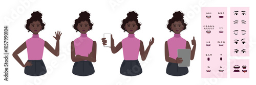 Business office woman constructor suitable for animation. Generator of diverse eyes, lips, emotion expressions mouth animation and lip sync. Young woman character face and upper body construction.