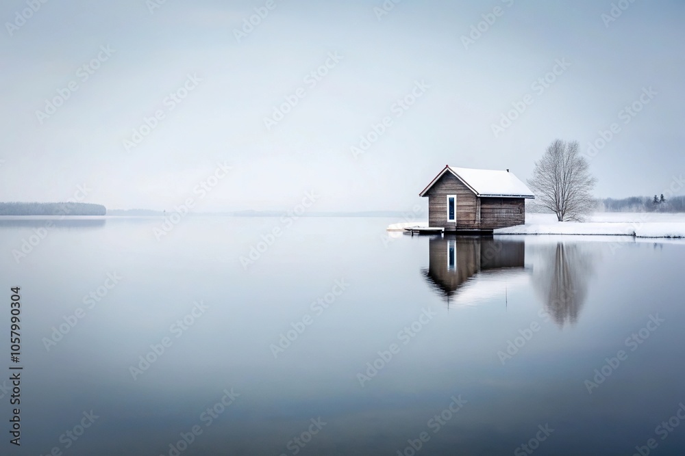 Minimalist cabin by the lake in a snowy setting Minimalist cabin by the lake in a snowy setting