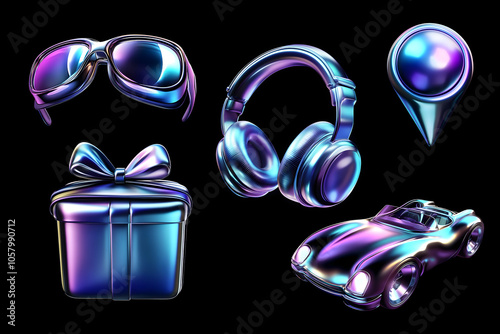 Abstract shiny metallic 3d icons set on black, 3d gift box, headphones, glasses, car, pin icon