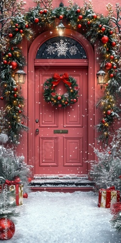 Pink Christmas Door with Festive Ribbons and Snowman