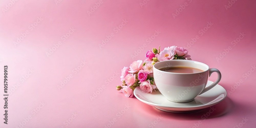 Fototapeta premium Minimalist coffee cup with flowers on pink background