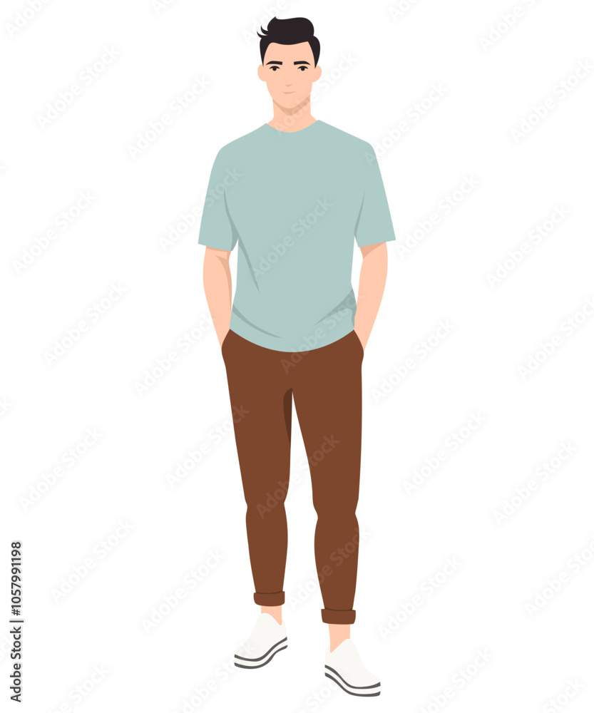 Vector illustration. Young man casual look with blue t-shirt and brown pants, looks stylish and simple. Vector illustration. Young man casual look with blue t-shirt and brown pants, looks stylish and simple.