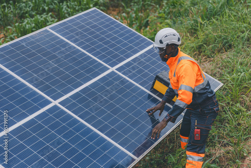 Engineer Checking solar panels in agriculture farm land. Engineer examining solar panels at field. Technicians maintenance solar photo voltaic panels in agriculture farm field. clean energy