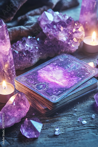 A mystical and enchanting setting with tarot card and magical crystals