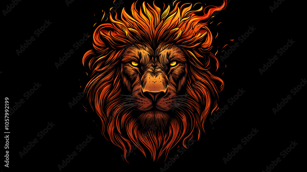 Fototapeta premium A powerful and majestic lion with fire around its head and mane. African Savannah Warriors. Illustration