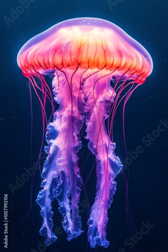 A vibrant pink and purple jellyfish with long tentacles floating in a dark blue ocean.