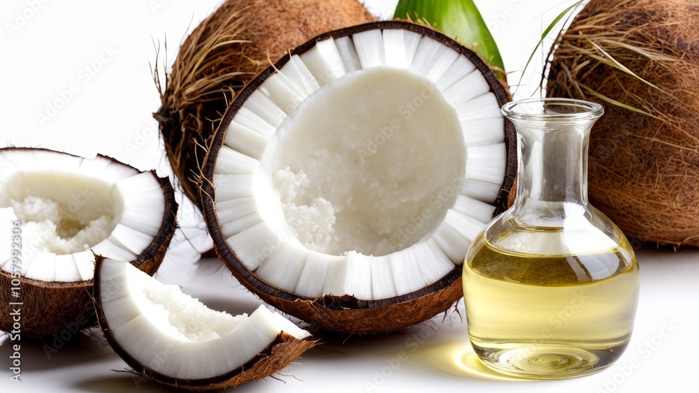 Coconut oil is a tropical oil obtained from the pulp of coconuts, widely used in baking and frying. Coconut oil is a tropical oil obtained from the pulp of coconuts, widely used in baking and frying.
