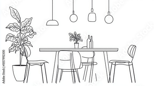 Minimalist Line Art of Modern Dining Room with Plants and Pendant Lights