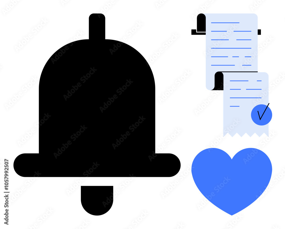 Obraz premium Black notification bell, blue checklist with a checkmark, and blue heart. Ideal for messaging, reminders, notifications, organization, and productivity. Modern vector art
