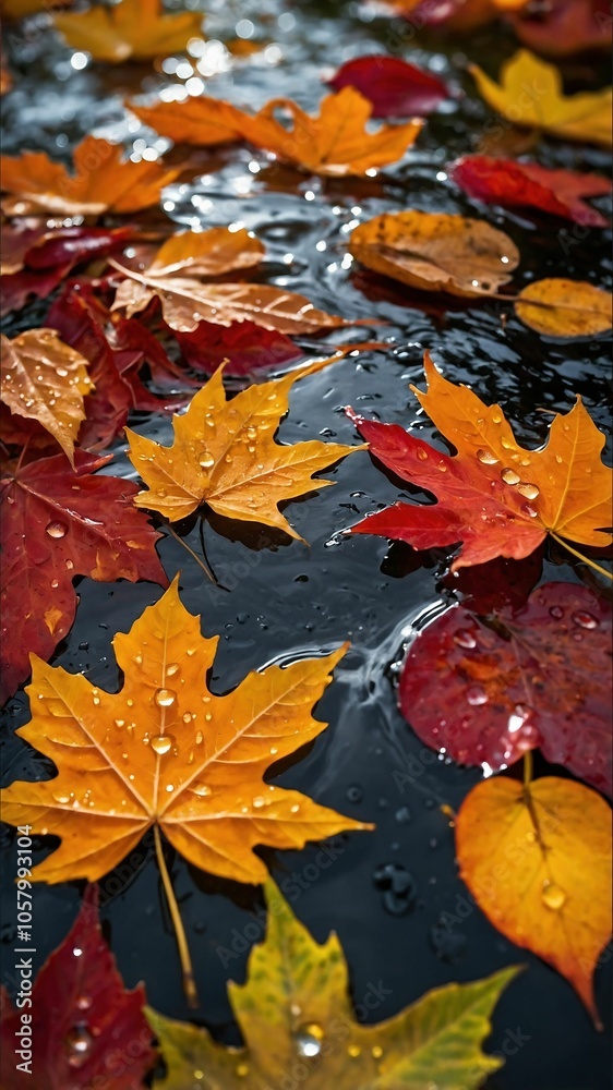 Fototapeta premium Autumn Maple Leaves Floating on Water with Raindrops 