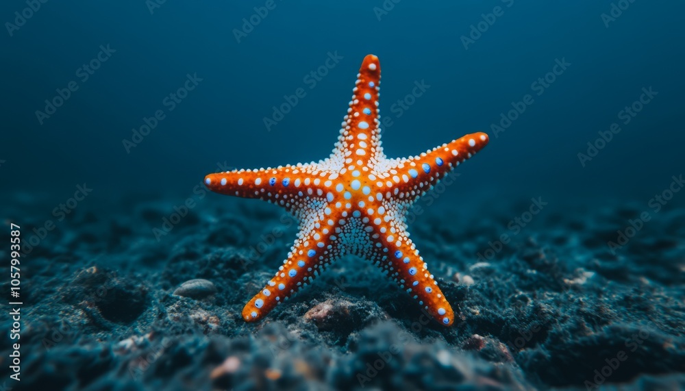 A vibrant starfish resting on a rocky ocean floor. A vibrant starfish resting on a rocky ocean floor.