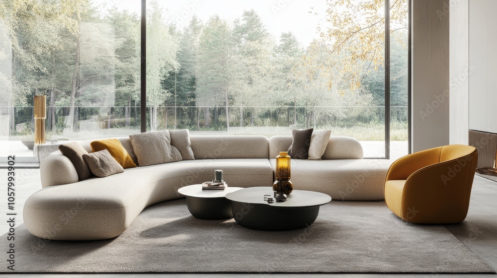 Modern Minimalist Living Room with Curved Sofa and Natural Light Modern Minimalist Living Room with Curved Sofa and Natural Light