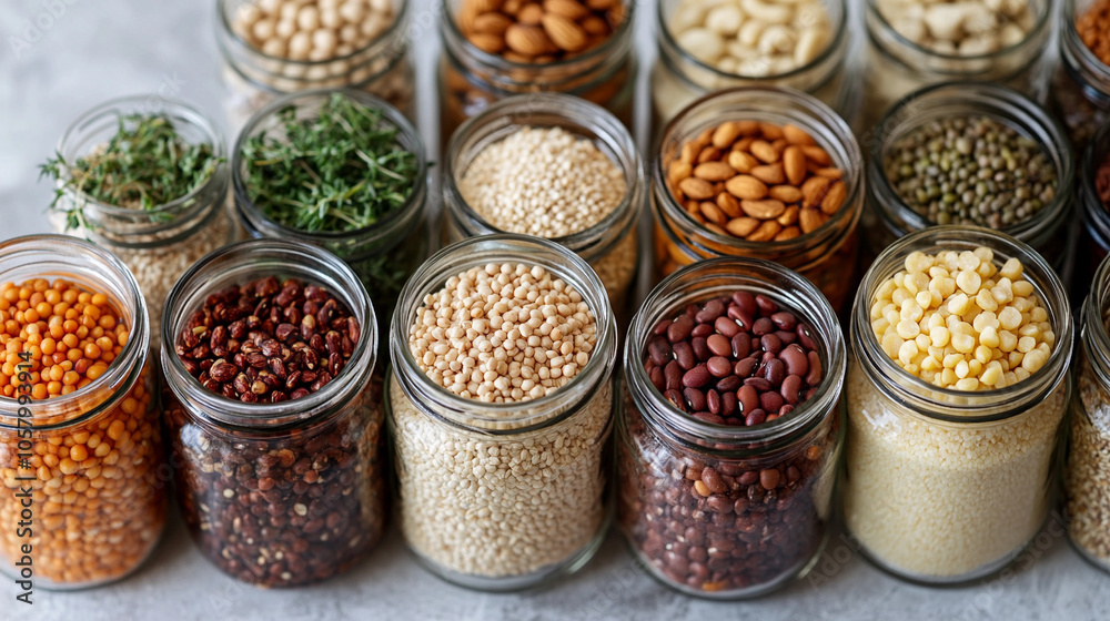 A simple flat lay of vegan pantry essentials pea cereals nuts ingredients in glass jars A simple flat lay of vegan pantry essentials pea cereals nuts ingredients in glass jars