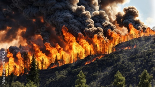 The Inferno Firestorm is a large and intense forest fire that spreads rapidly, creating its own weather conditions and damaging ecosystems. photo