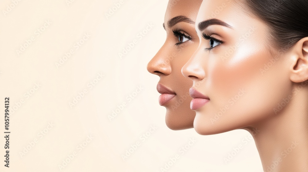 Fototapeta premium Two women in profile showcasing diverse beauty and flawless skin, AI