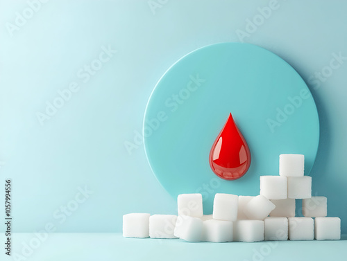 Conceptual Image of Red Blood Drop with Sugar Cubes Highlighting Diabetes, Blood Sugar Levels, and Health Awareness