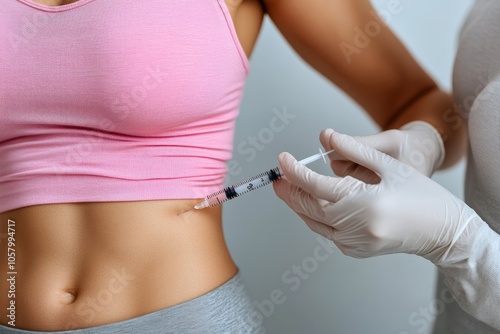 Healthcare worker giving injection in fitness enthusiast’s abdomen representing aesthetics wellness and health conscious practices in a medical environment