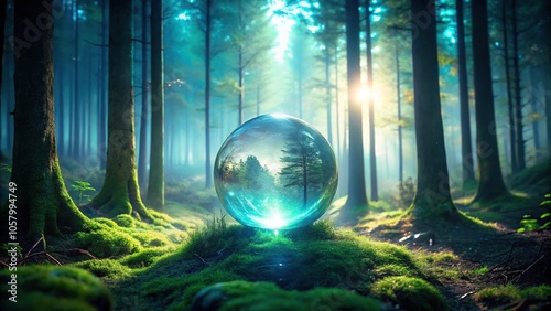 Minimalist mystical blue orb radiating ethereal light in magical forest