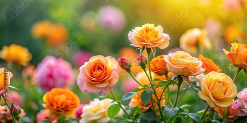 Fototapeta Naklejka Na Ścianę i Meble -  Minimalist orange yellow pink roses in garden