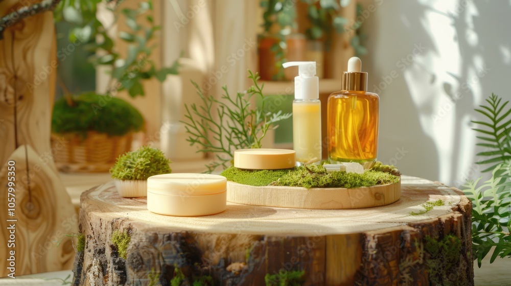 Wooden podium with pastel yellow hue and moss accents for displaying organic cosmetics, skin care, jewelry, and perfumes in a natural setting. Wooden podium with pastel yellow hue and moss accents for displaying organic cosmetics, skin care, jewelry, and perfumes in a natural setting.