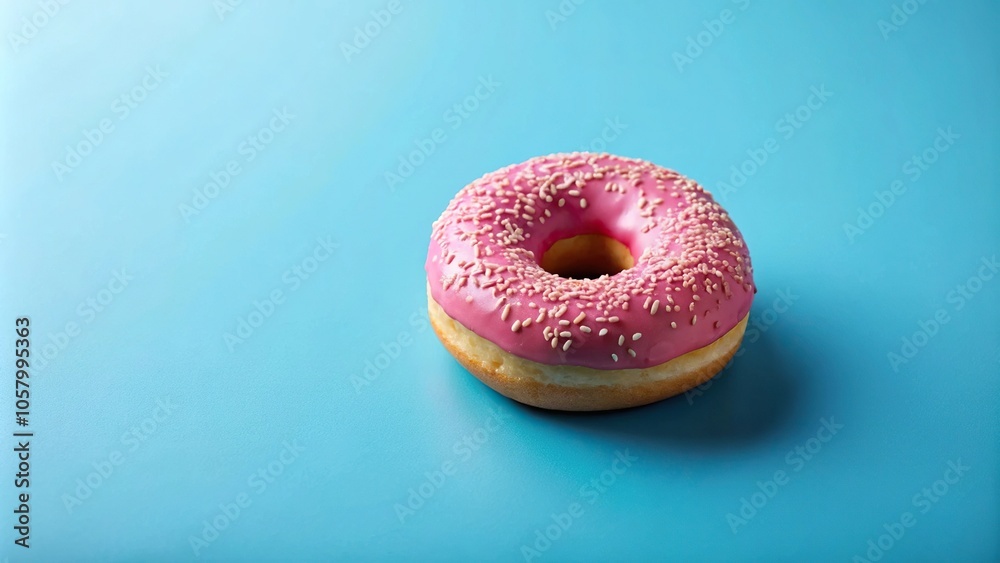 Minimalist pink donut with glaze on blue background Minimalist pink donut with glaze on blue background