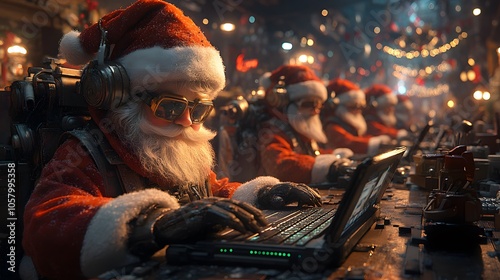 Modern Santa's workshop with elves using technology and computers photo