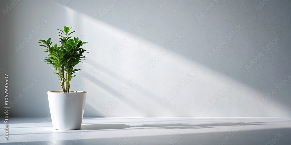 Minimalist plant in white pot with light and shadow silhouette Minimalist plant in white pot with light and shadow silhouette