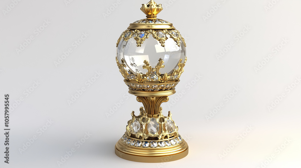 Ornate golden pedestal with crystal sphere and diamond accents. Ornate golden pedestal with crystal sphere and diamond accents.