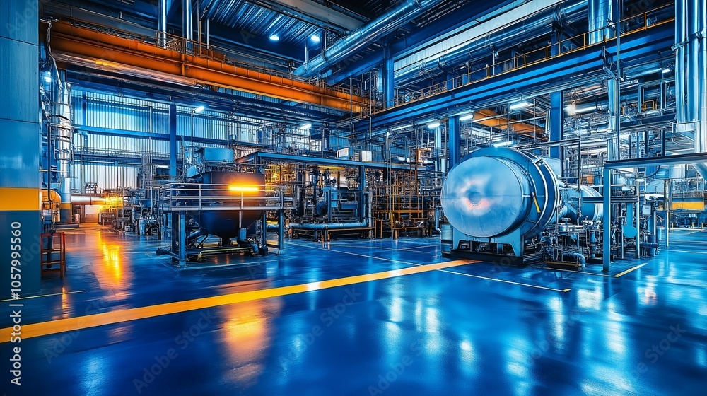 Fototapeta premium Industrial factory interior with machinery and steel structures