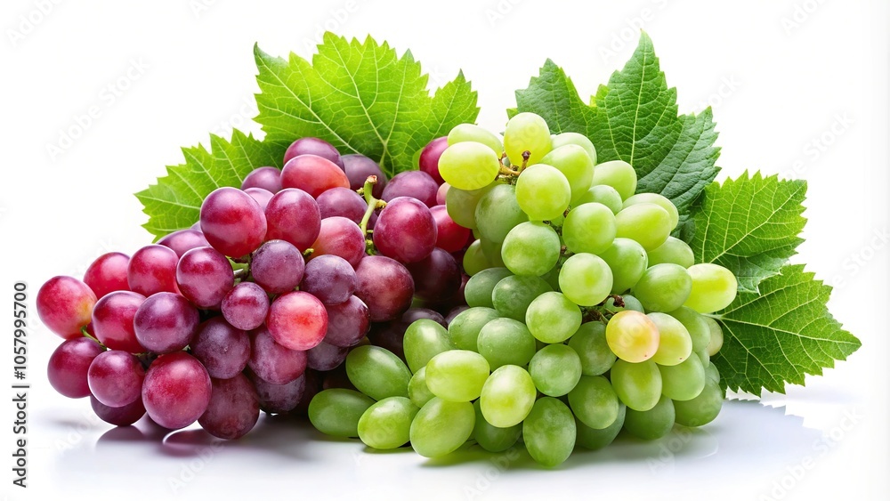 Minimalist red grapes and green grapes on white background with leaves nearby Minimalist red grapes and green grapes on white background with leaves nearby