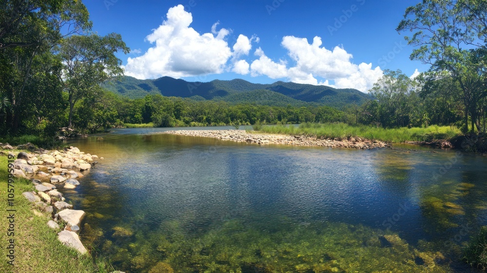 Tranquil River with Mountains in Background Tranquil River with Mountains in Background