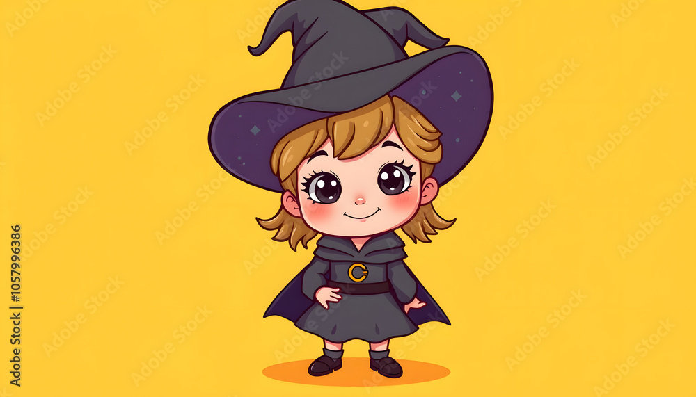 Portrait of cute little wizard girl wearing Halloween costume on a yellow background. isolated with white highlights, png Portrait of cute little wizard girl wearing Halloween costume on a yellow background. isolated with white highlights, png