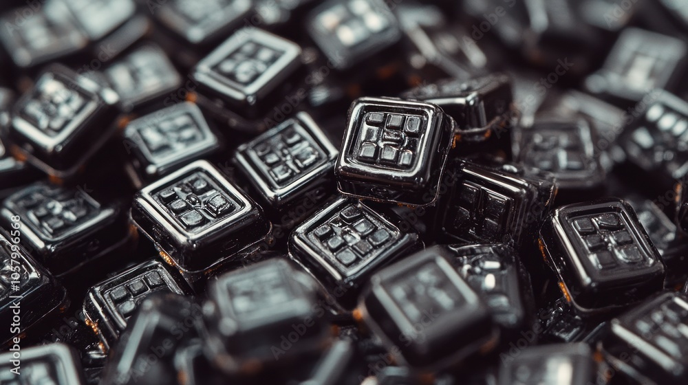 A close-up of shiny black square candies, showcasing their glossy texture and intricate design. A close-up of shiny black square candies, showcasing their glossy texture and intricate design.