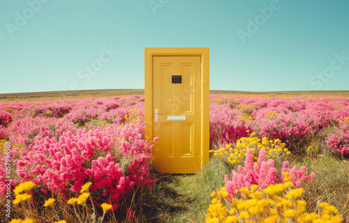 Obraz na płótnie A vibrant yellow door standing alone in a lush field of pink and yellow flowers under a clear sky. Surreal landscape with colorful contrast and dreamlike vibes.
