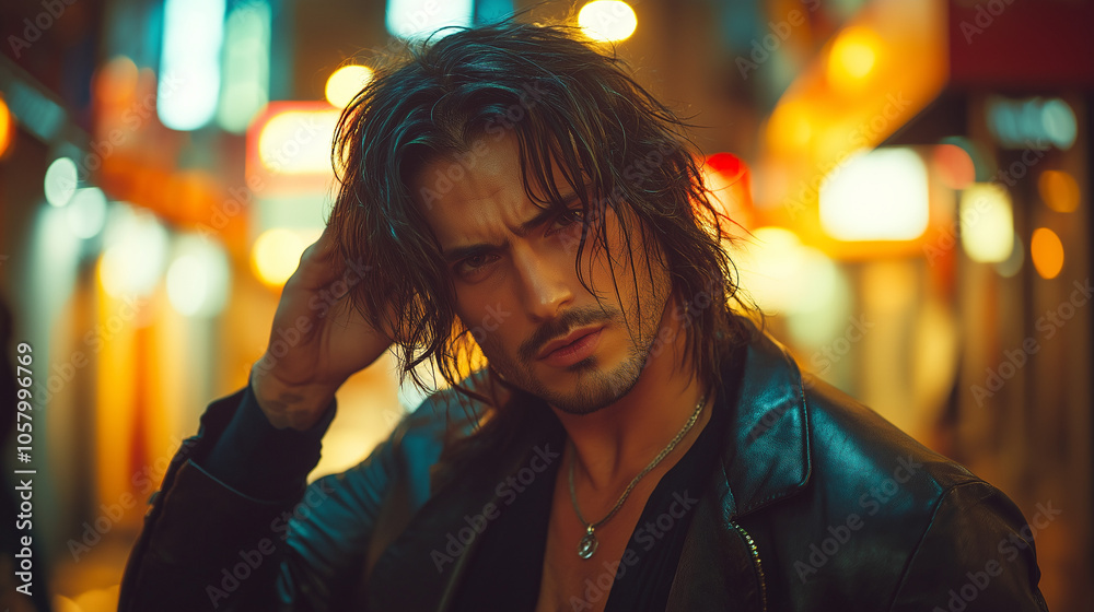 man with long dark hair, wearing a black leather jacket, in a city night scene man with long dark hair, wearing a black leather jacket, in a city night scene
