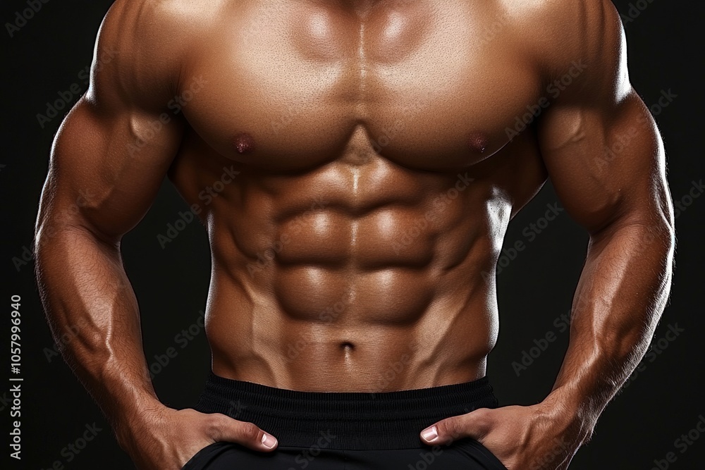 Muscular man with defined abs and chest in studio lighting emphasizing physical fitness body definition and personal strength goals Muscular man with defined abs and chest in studio lighting emphasizing physical fitness body definition and personal strength goals