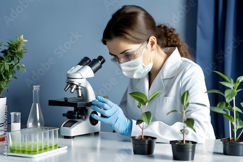 A medical bio laboratory featuring a Hispanic male researcher wearing gloves and a lab coat, carefully mixing solutions in a glass beaker. The background includes a variety of herbal plants and advanc photo