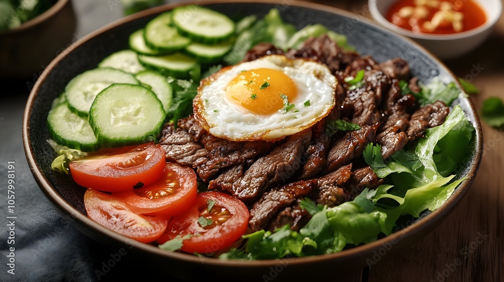 Lok Lak Beef with Fried Egg and Fresh Vegetables (Cambodian Cuisine) Lok Lak Beef with Fried Egg and Fresh Vegetables (Cambodian Cuisine)