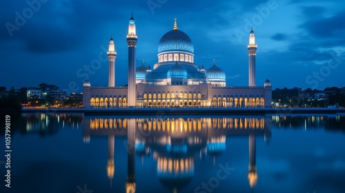 Majestic Mosque Reflected in Calm Waters at Dusk