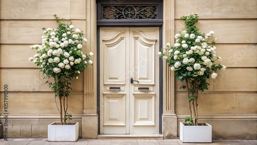 Minimalistic Parisian door with white flowers in a tilted angle photo