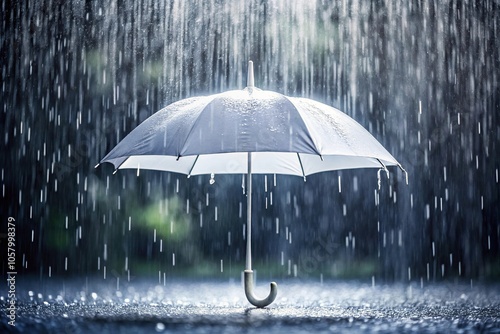 Minimalistic white umbrella opened in pouring rain Forced Perspective